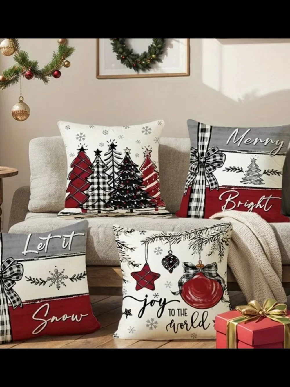 Holiday Decorative Throw Pillow Set - Red, White, Gray [ Pillow Covers]